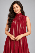Kavya Burgundy Golden Stripe Sleeveless Dress2