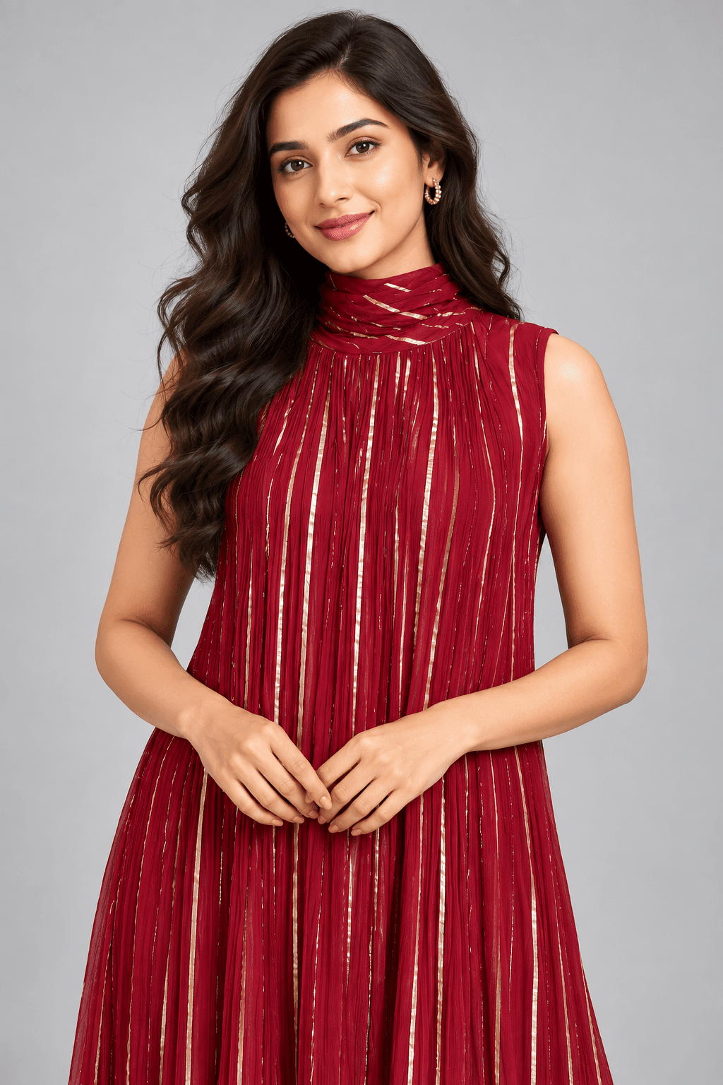 Kavya Burgundy Golden Stripe Sleeveless Dress2
