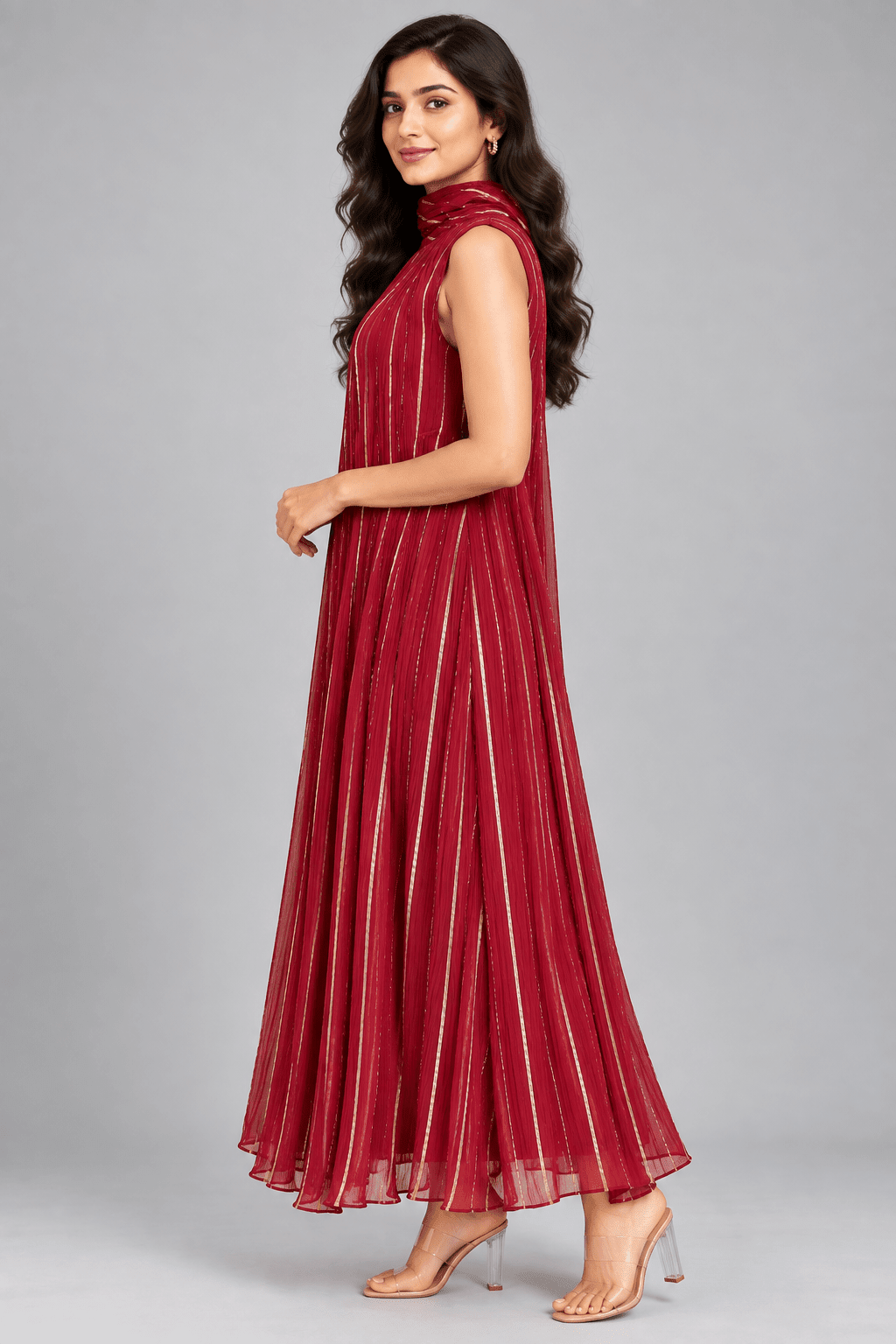 Kavya Burgundy Golden Stripe Sleeveless Dress3