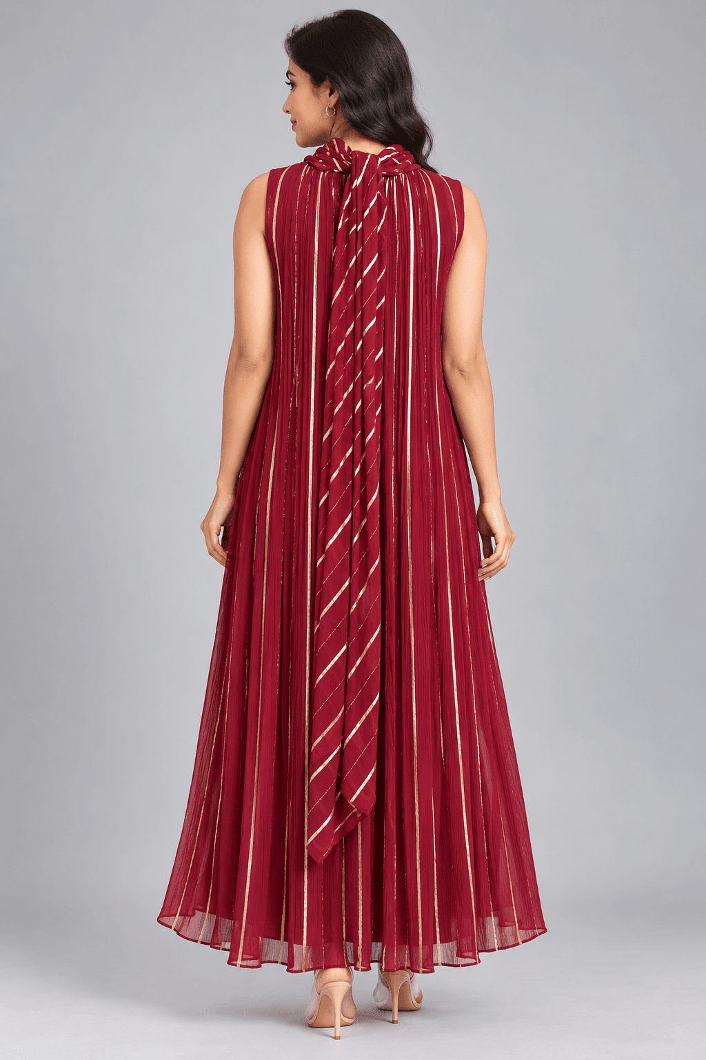 Kavya Burgundy Golden Stripe Sleeveless Dress4