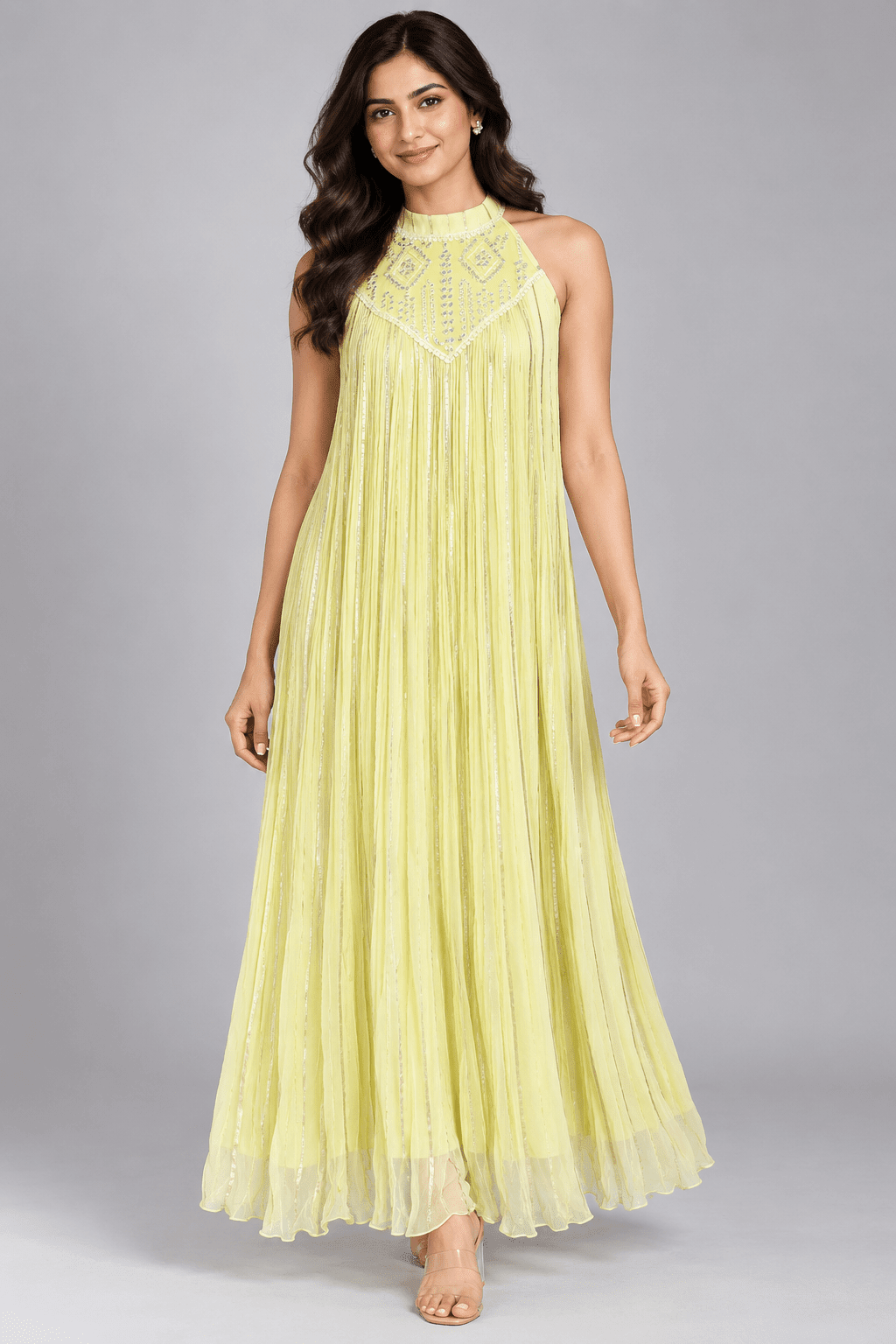 Kavya Lemon Yellow Embellished Golden Stripe Sleeveless Maxi Dress1