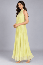 Kavya Lemon Yellow Embellished Golden Stripe Sleeveless Maxi Dress3
