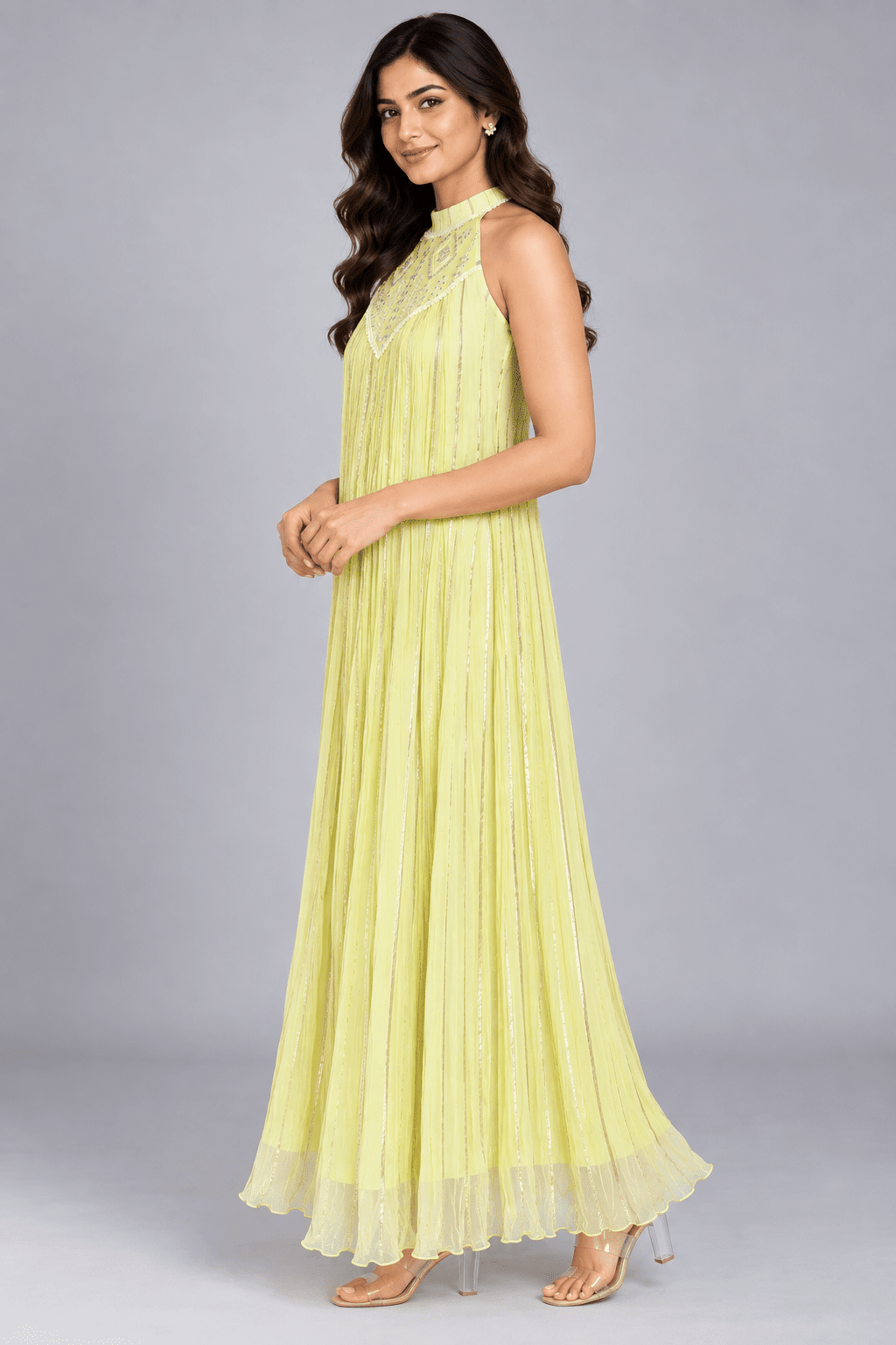 Kavya Lemon Yellow Embellished Golden Stripe Sleeveless Maxi Dress3