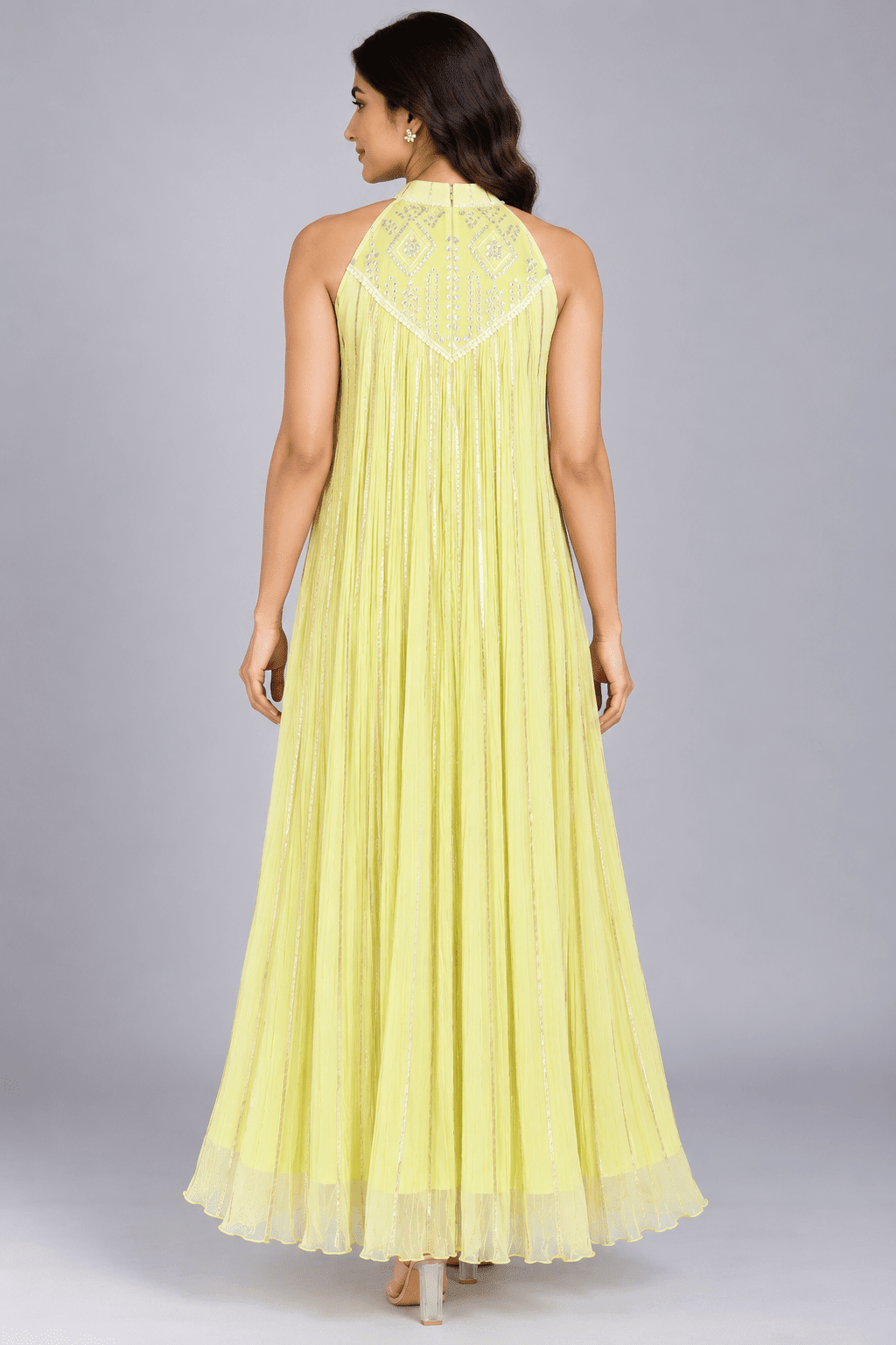Kavya Lemon Yellow Embellished Golden Stripe Sleeveless Maxi Dress4
