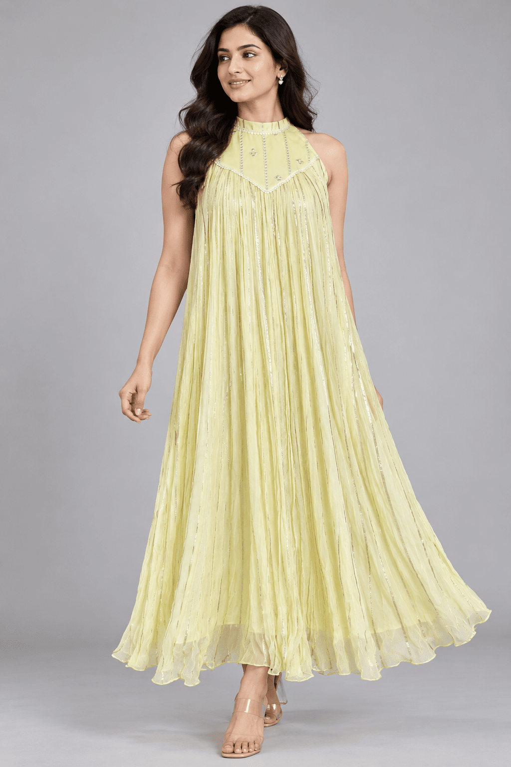 Kavya Lemon Yellow Golden Stripe Sleeveless Maxi Dress1