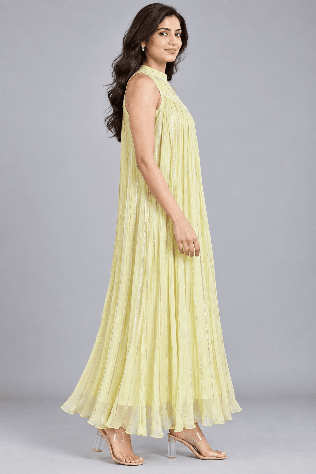 Kavya Lemon Yellow Golden Stripe Sleeveless Maxi Dress3