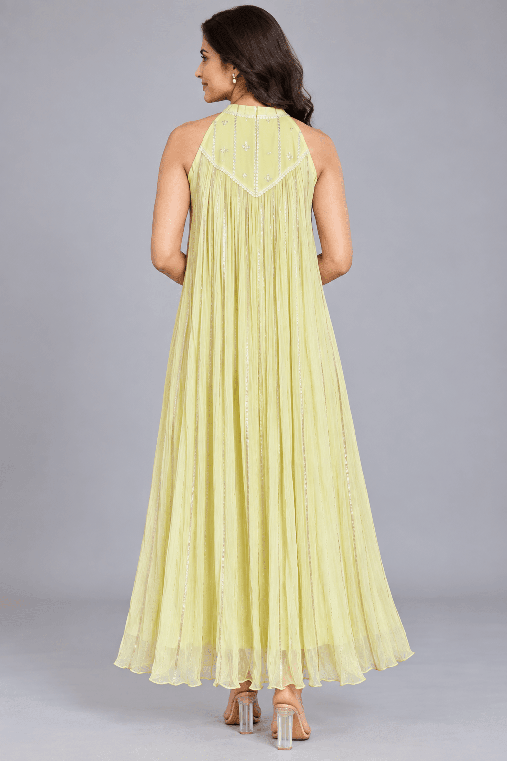Kavya Lemon Yellow Golden Stripe Sleeveless Maxi Dress4