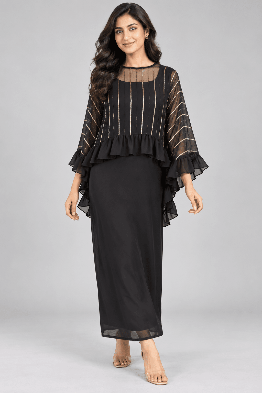 Meera Black Golden Stripe Ruffle Sleeve Maxi Dress1