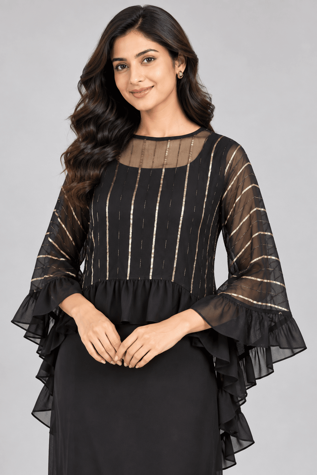 Meera Black Golden Stripe Ruffle Sleeve Maxi Dress2
