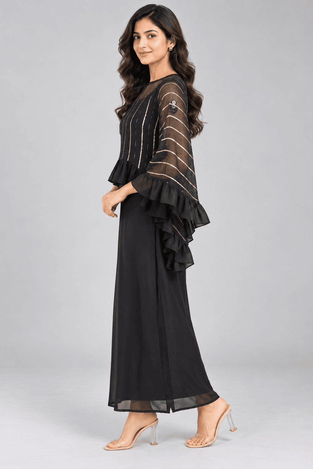 Meera Black Golden Stripe Ruffle Sleeve Maxi Dress3