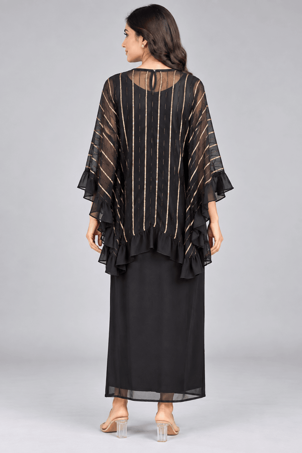 Meera Black Golden Stripe Ruffle Sleeve Maxi Dress4