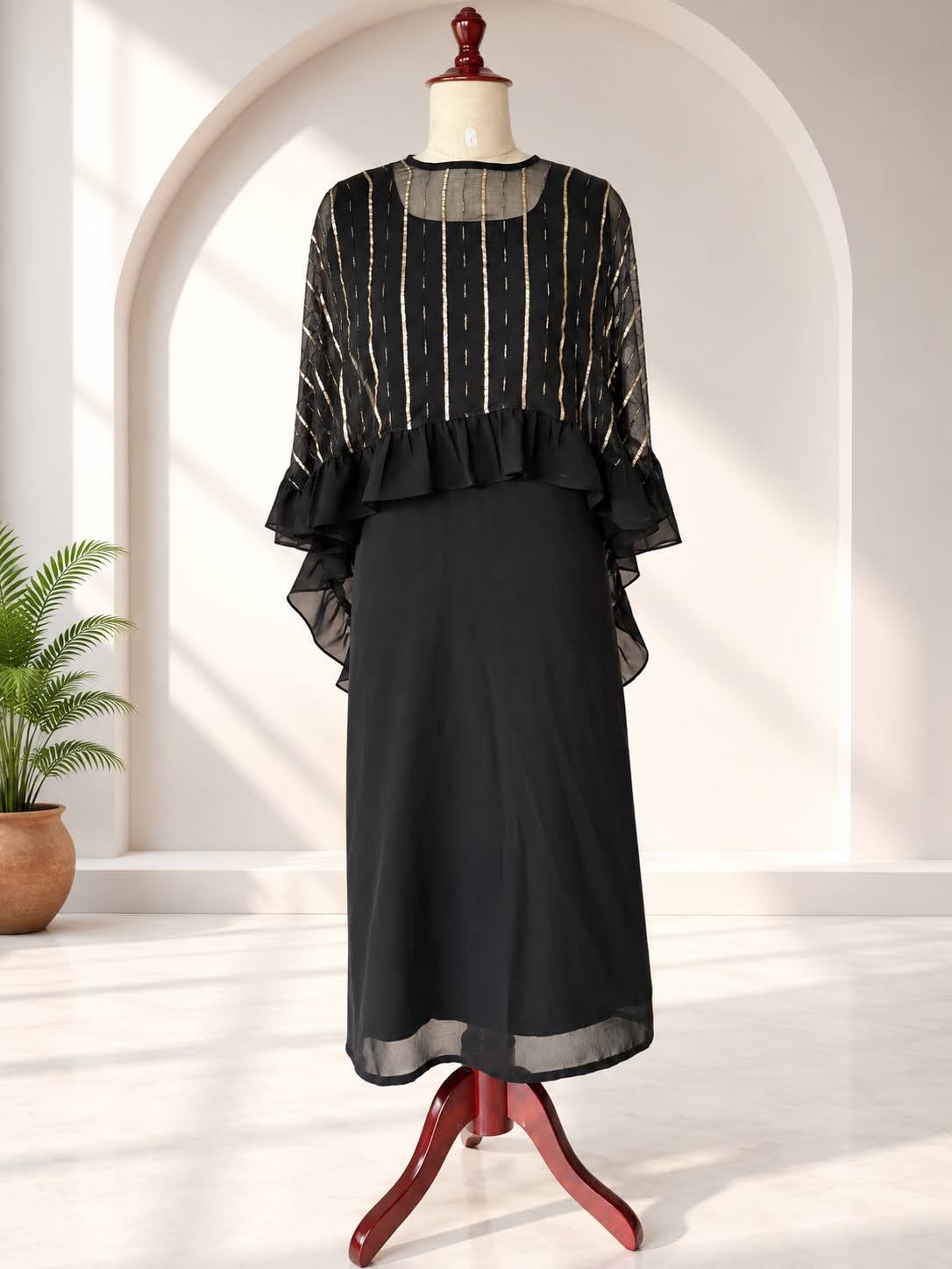 Meera Black Golden Stripe Ruffle Sleeve Maxi Dress5