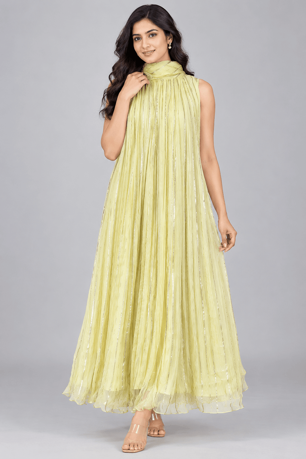 Meera Lemon Yellow Crushed Chiffon Dress1