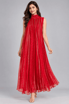 Rani Red Golden Stripe Sleeveless Pleated Dress1