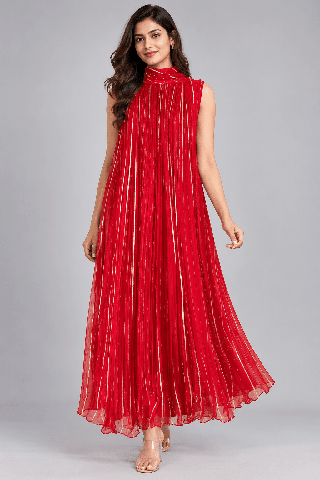 Rani Red Golden Stripe Sleeveless Pleated Dress1