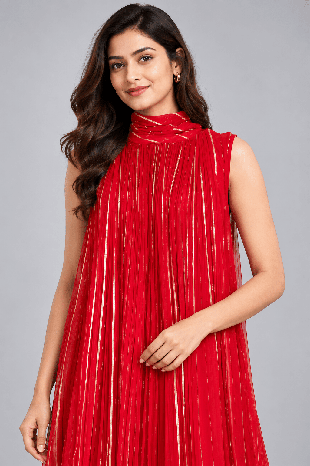 Rani Red Golden Stripe Sleeveless Pleated Dress2