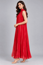 Rani Red Golden Stripe Sleeveless Pleated Dress3
