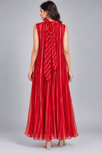 Rani Red Golden Stripe Sleeveless Pleated Dress4