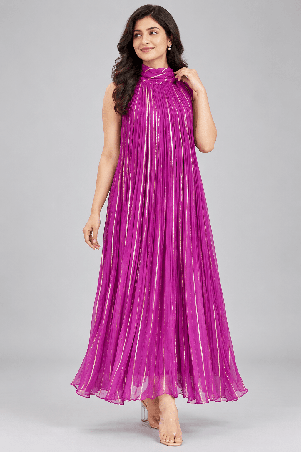 Riya Purple Golden Stripe Sleeveless Maxi Dress1