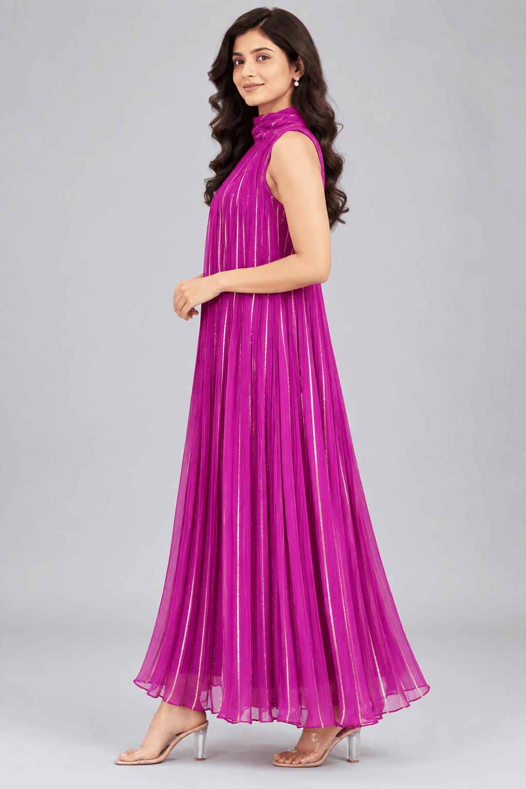 Riya Purple Golden Stripe Sleeveless Maxi Dress4