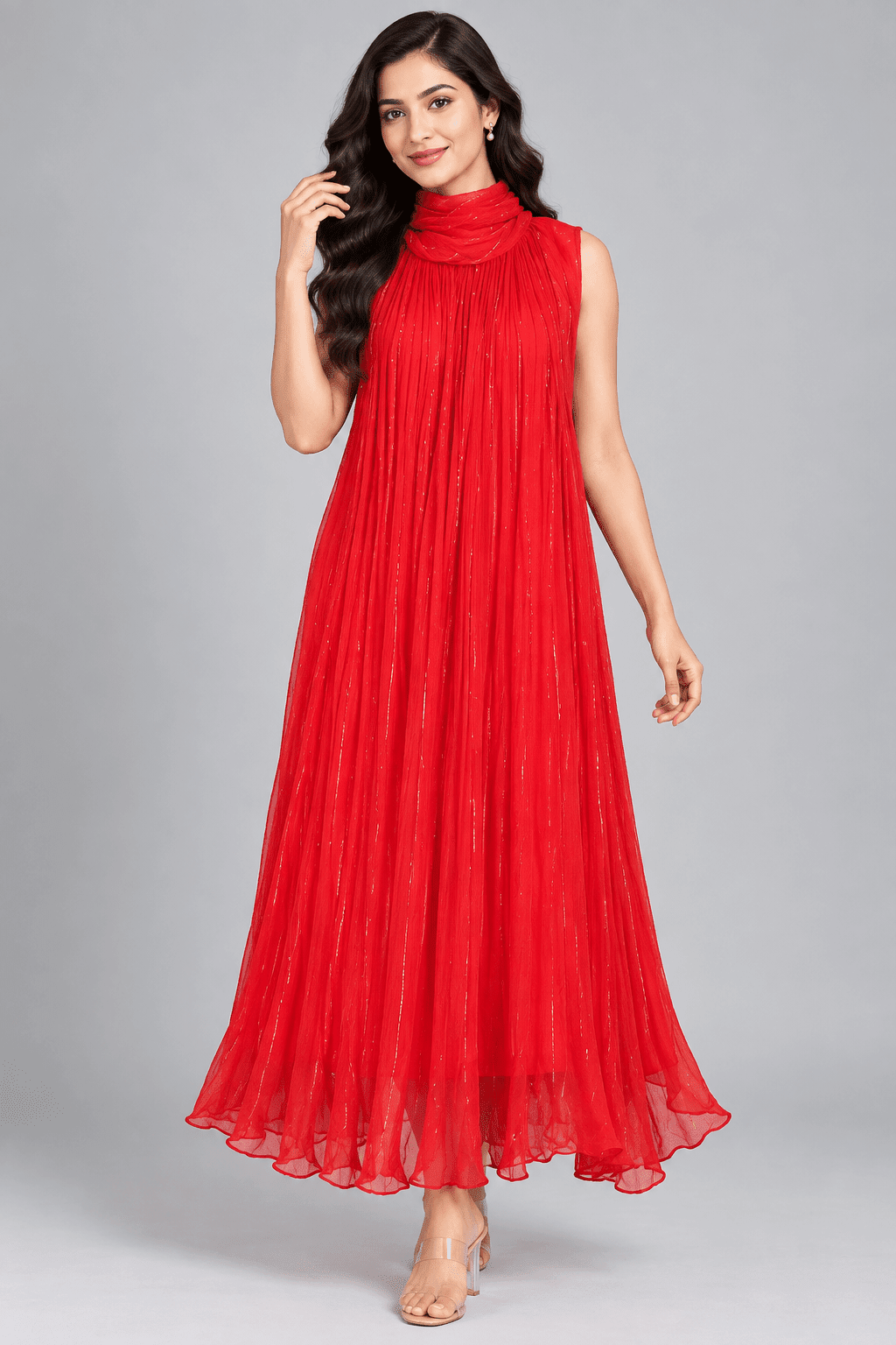 Riya Red Crushed Chiffon Sleeveless Dress1