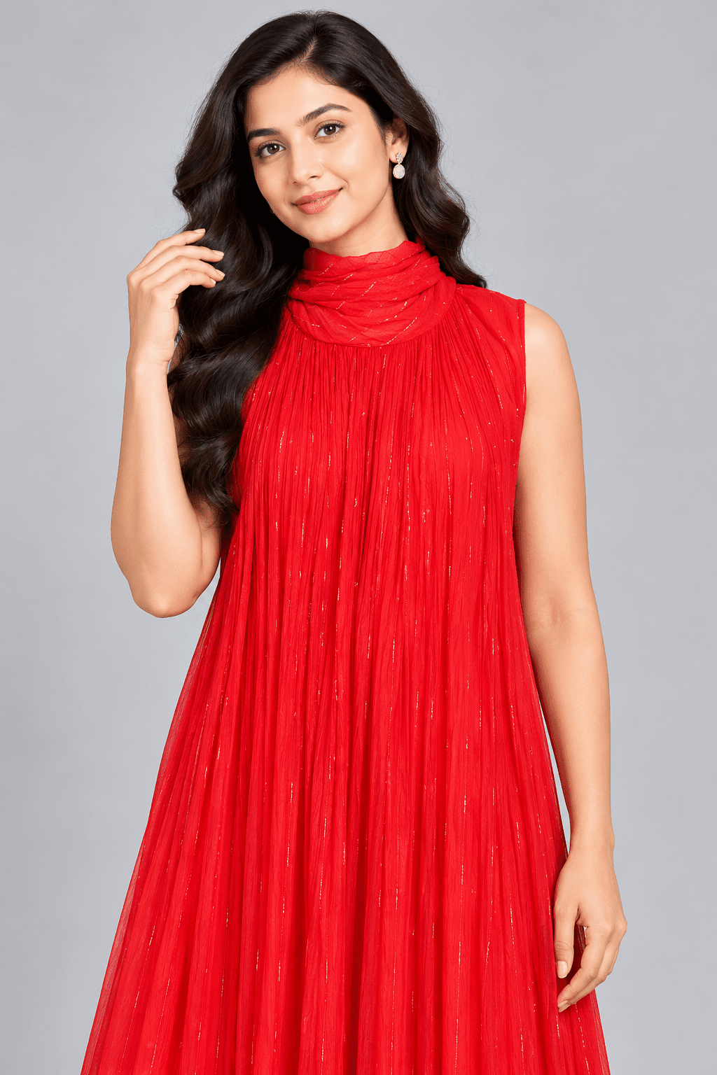 Riya Red Crushed Chiffon Sleeveless Dress2