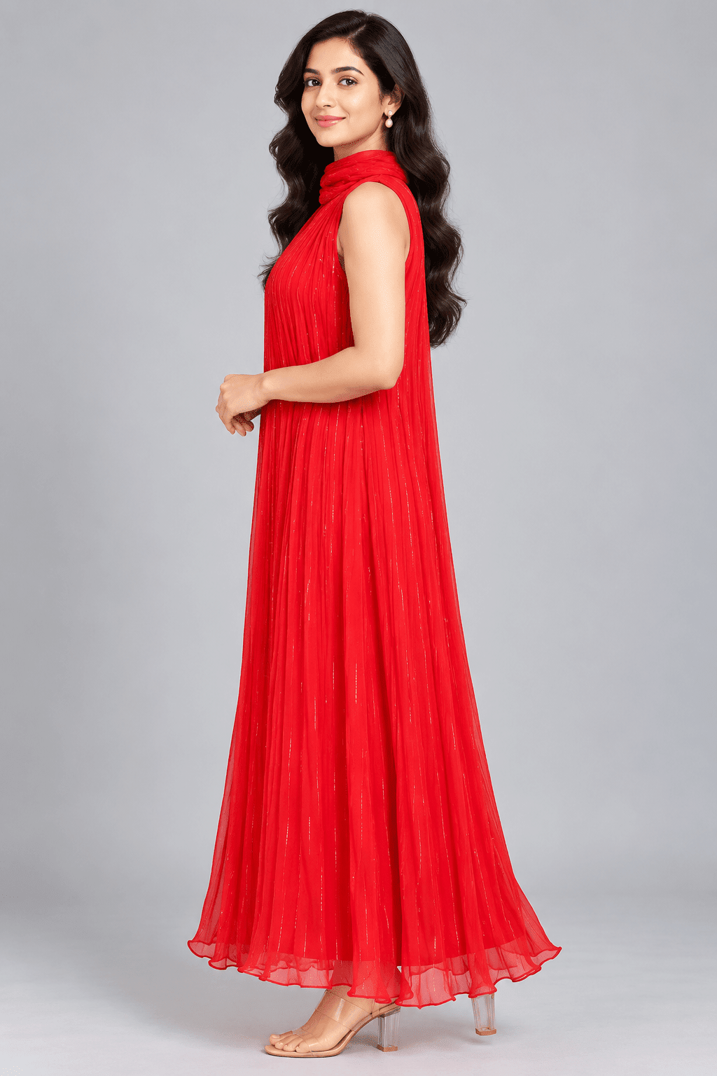 Riya Red Crushed Chiffon Sleeveless Dress3