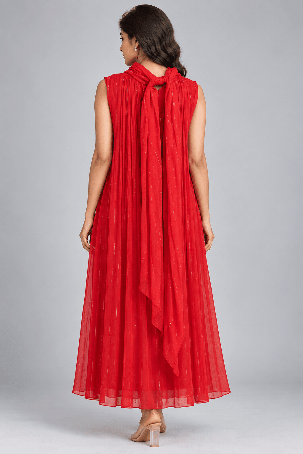 Riya Red Crushed Chiffon Sleeveless Dress4