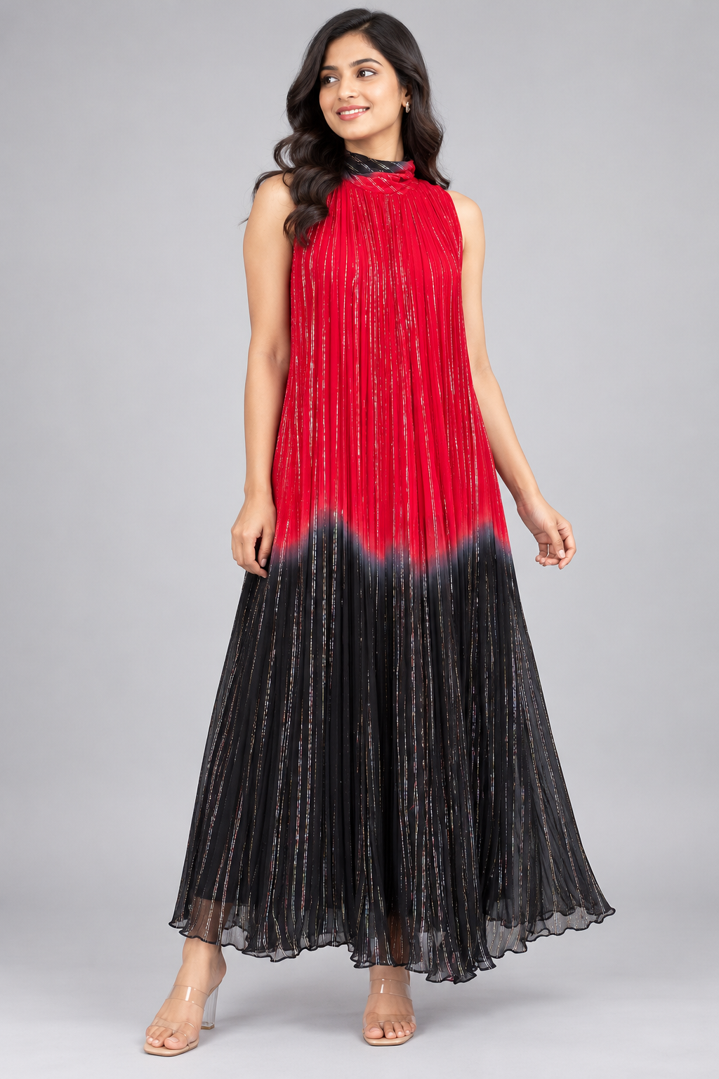 Ruby Red & Black Crushed Chiffon Maxi Dress