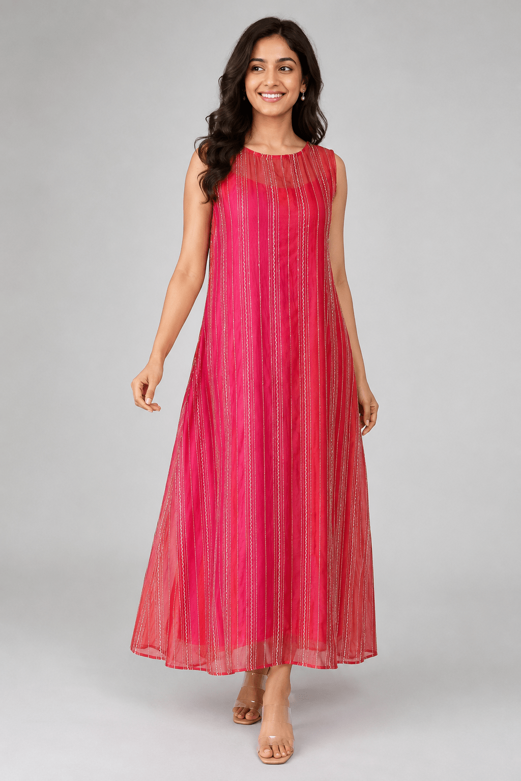 Gulmohar Rose Glass Chanderi 4D Festive Maxi Dress