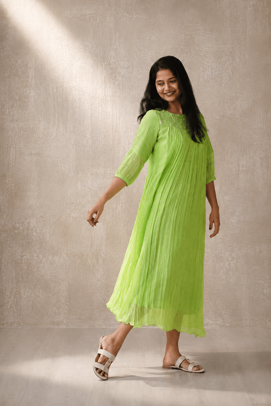 Hariyali Noor Glass Chanderi Pleated Dress