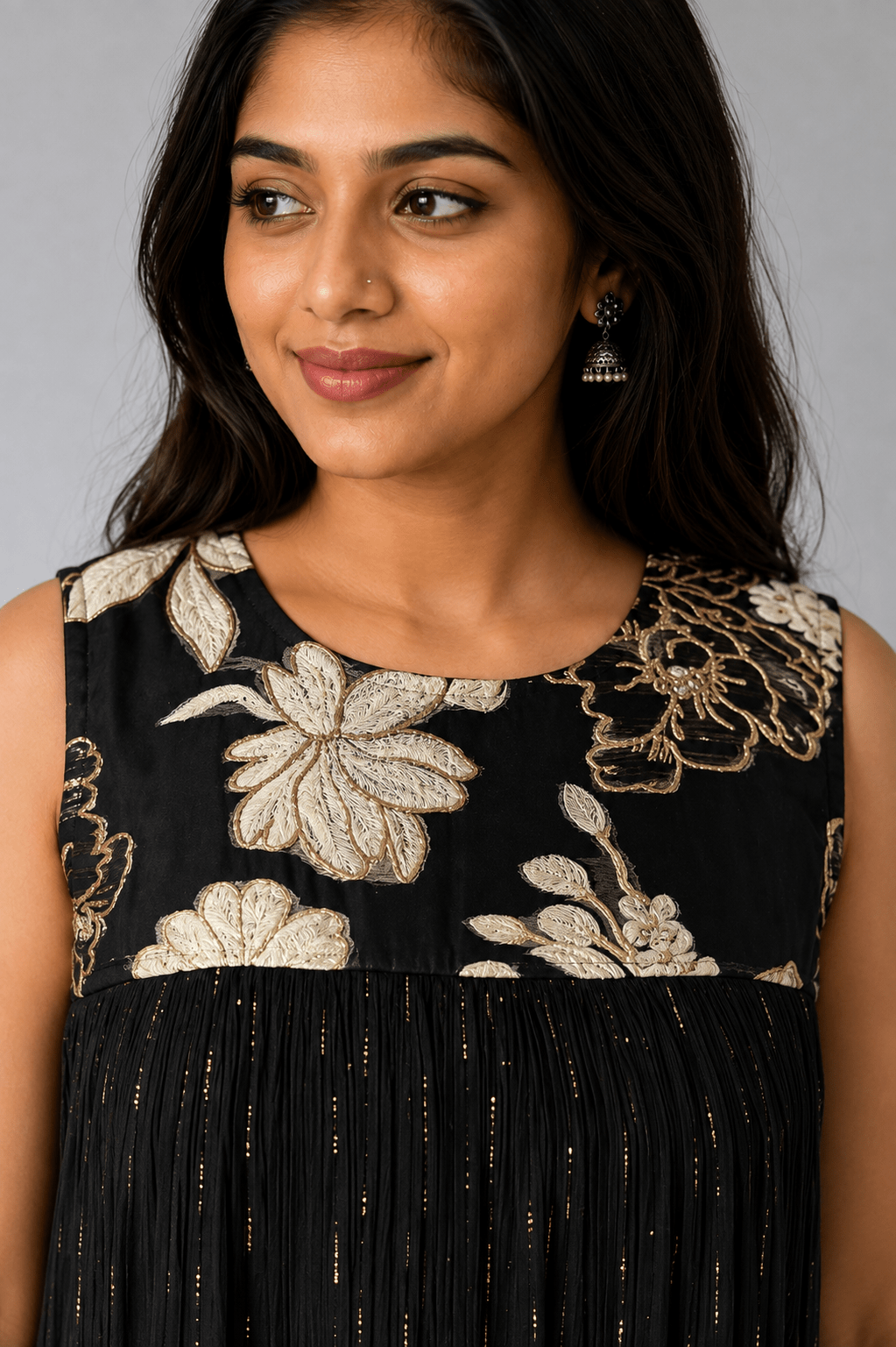Noor Black Crushed Chiffon Floral Dress