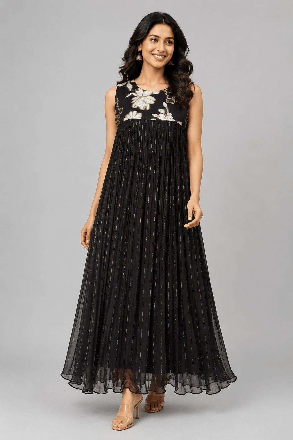 Noor Black Crushed Chiffon Floral Dress