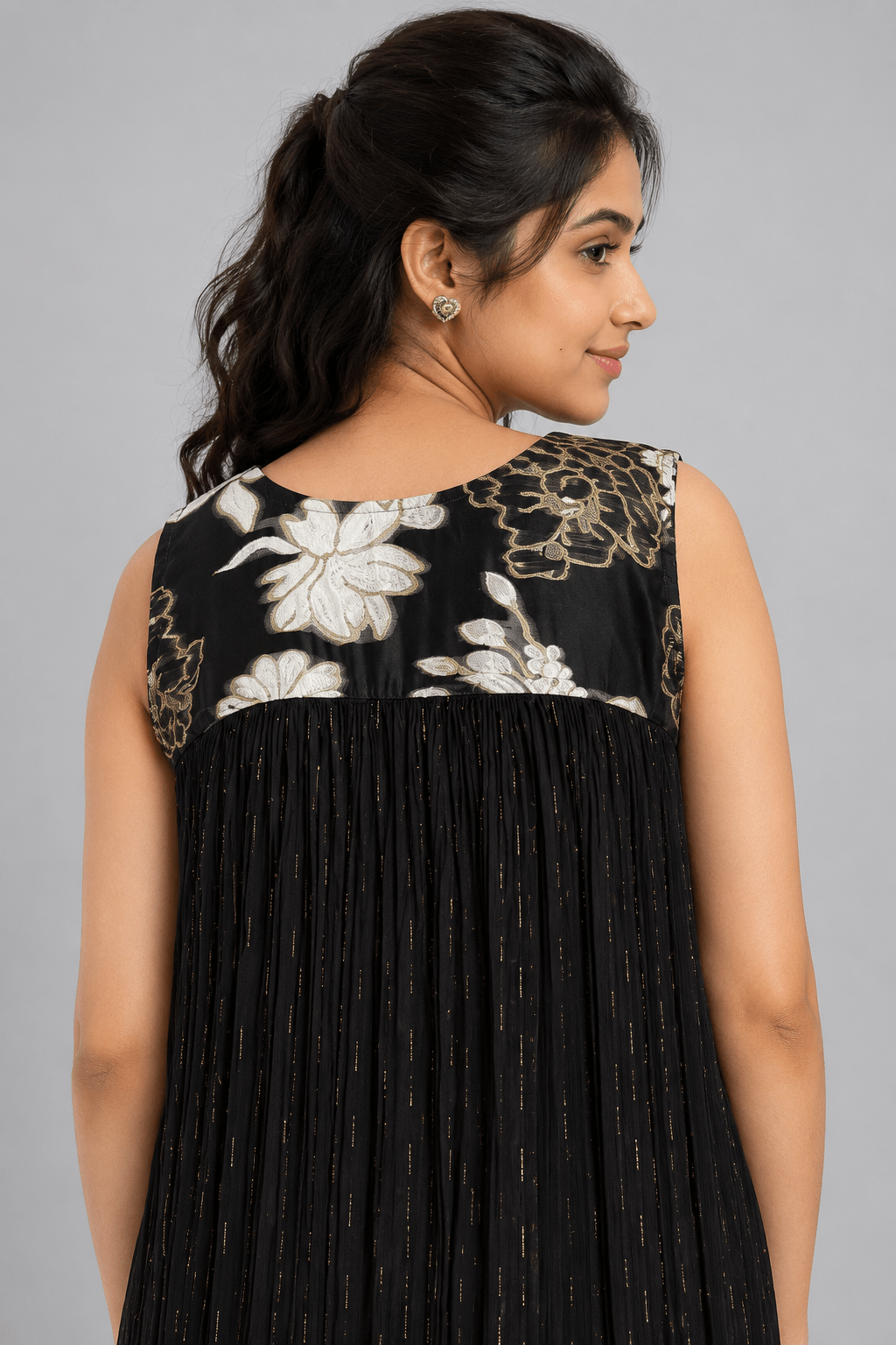 Noor Black Crushed Chiffon Floral Dress