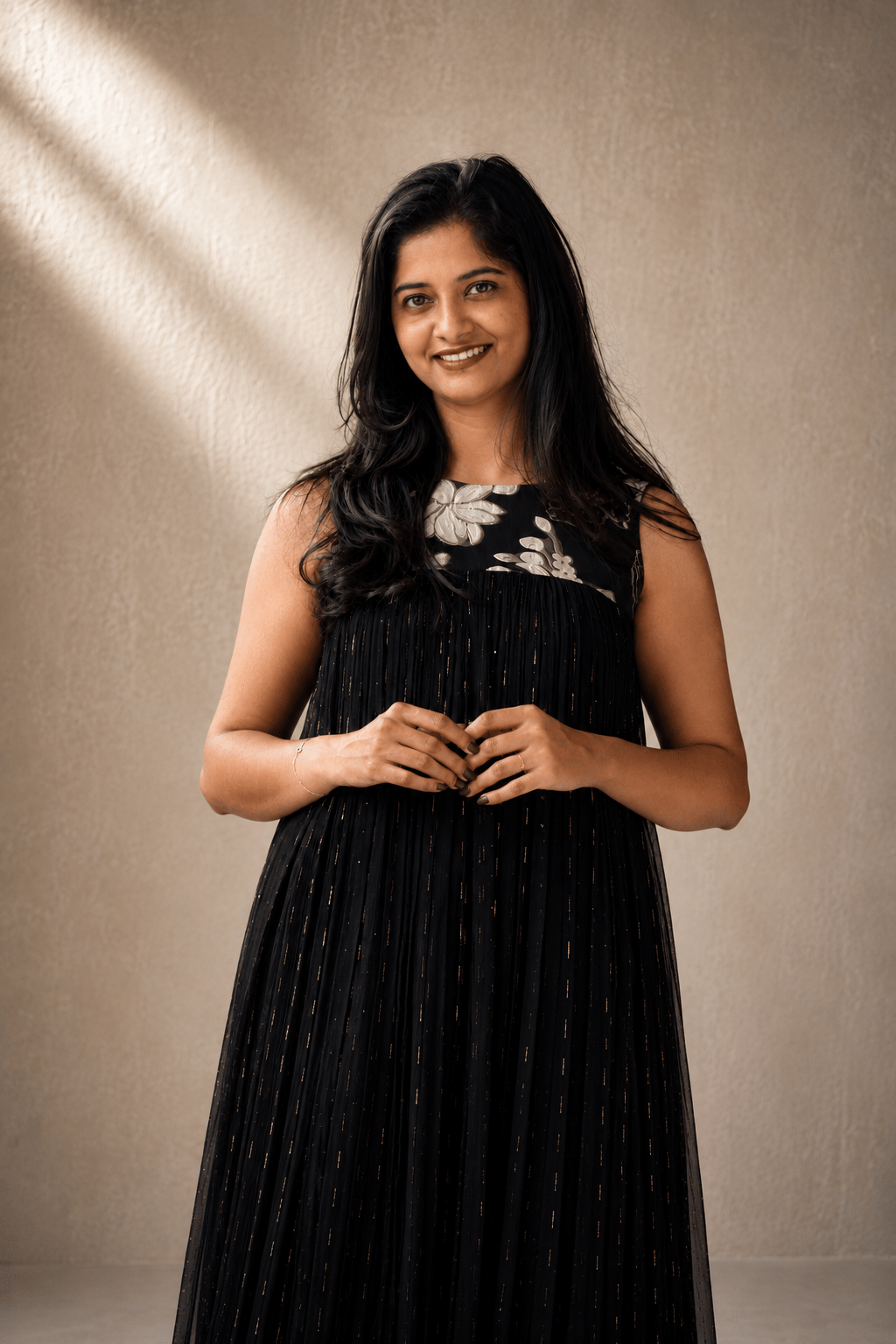 Noor Black Crushed Chiffon Floral Dress