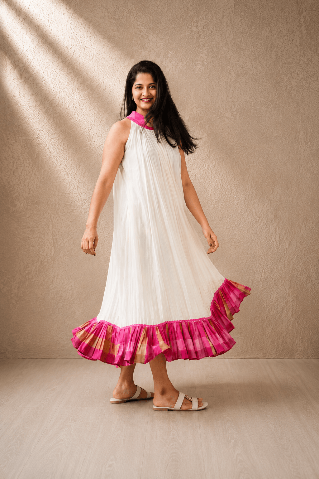 Pink Kasavu Glass Chanderi Flare Dress