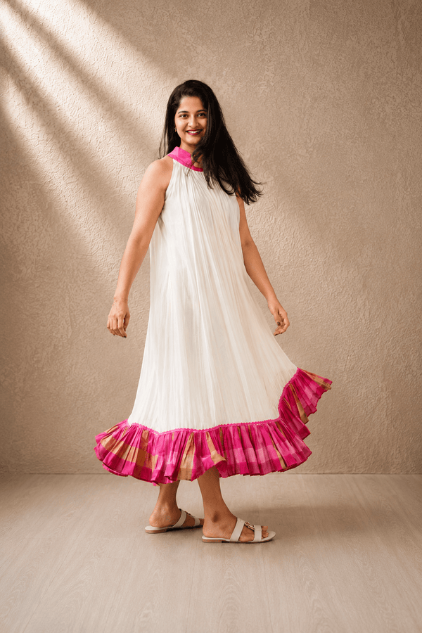 Pink Kasavu Glass Chanderi Flare Dress